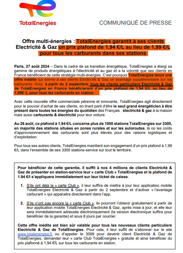 polettifrederic's tweet image. TotalEnergies va baisser son plafonnement du prix des carburant à 1€94 au lieu de 1€99!
Partout?Non! Sauf en #Corse car cette offre est réservée aux clients particuliers Electricité &amp;amp; Gaz de TotalEnergies qui n'existe pas chez nous
Aucune station ne pourra l'appliquer sur l'île