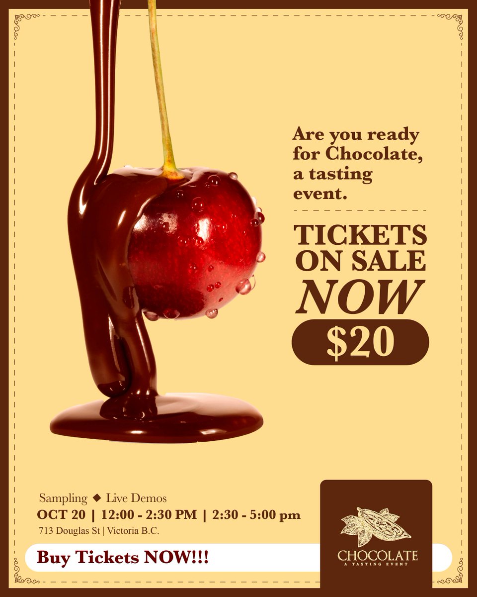 Tickets for the sweetest event of the year are on sale now! Join us for Chocolate - A Tasting Event at Crystal Garden on October 20th for chocolatey goodness and candy-coated fun!

Buy your ticket here: victoriafilmfestival.com/product/chocol…

#ChocolateTastingEvent #YYJEvents #YYJ
