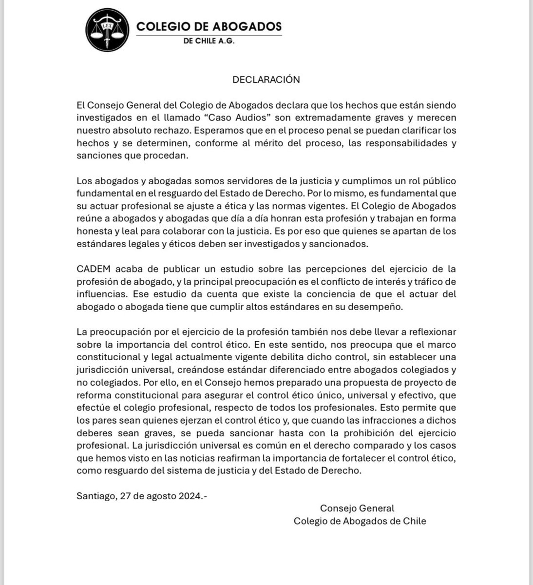 Comparto declaración de <a href="/ChileColegio/">Colegio de Abogados de Chile</a>: 
1.los hechos del caso audios merece nuestro rechazo 
2. Los abogados que se aparten del estándar ético deben ser sancionados 
3. Hay consenso en los colegas que vivimos una crisis ética a raíz de este caso