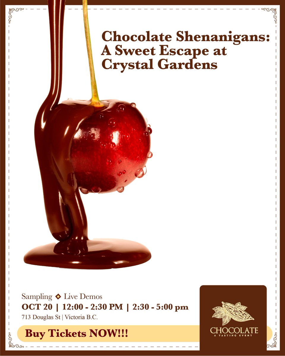 Secure your spot for Chocolate - A Tasting Event before they run out! Get ready for a day packed with chocolate, candies, treats, and live demonstrations on October 20th at Crystal Garden.

Buy your tickets now at victoriafilmfestival.com/product/chocol…

#ChocolateTastingEvent #YYJEvents #YYJ