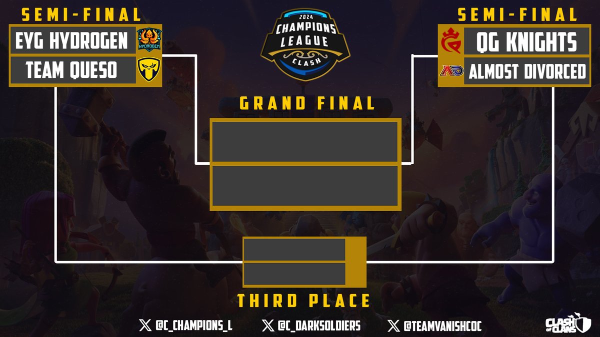 Comunidad Dark Soldiers (@c_darksoldiers) on Twitter photo This Thursday, August 29, we start with our CLC SEMI-FINALS bracket, we are very excited to see these two great wars of these 4 great teams 💪🔥
We expect a lot from you guys, play well and may the best win.🏆 <a href="/EYG_Esports/">EvolveYourGame Esports</a> <a href="/TeamQueso_CoC/">Team Queso CoC</a> <a href="/TeamQuesoGG/">Team Queso</a> <a href="/adivorcedcoc/">Almost Divorced</a> #QGknights This Thursday, August 29, we start with our CLC SEMI-FINALS bracket, we are very excited to see these two great wars of these 4 great teams 💪🔥
We expect a lot from you guys, play well and may the best win.🏆 <a href="/EYG_Esports/">EvolveYourGame Esports</a> <a href="/TeamQueso_CoC/">Team Queso CoC</a> <a href="/TeamQuesoGG/">Team Queso</a> <a href="/adivorcedcoc/">Almost Divorced</a> #QGknights