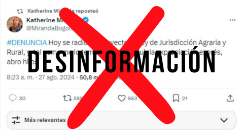 Coljuristas's tweet photo. ❌#Desinformación Hoy la congresista Katherine Miranda denunció que la radicación del proyecto de ley de Jurisdicción Agraria contemplaba “expropiación express” y el supuesto reemplazo de funciones jurisdiccionales por la @AgenciaTierras. Le explicamos por qué esto NO es cierto:
