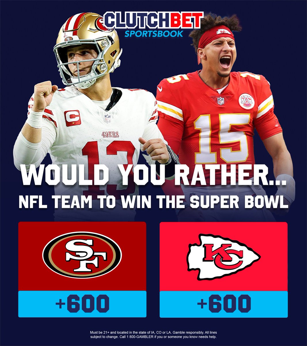 The Chiefs and 49ers (+600) are the only NFL teams to have Super Bowl winner odds less than +1000.