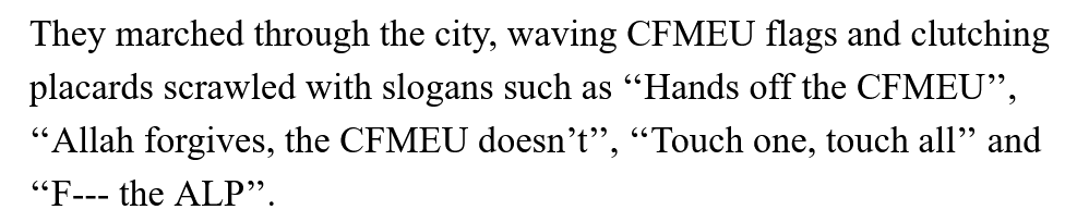 Big burly John Setka may have to get his new "God forgives -- the CFMEU doesn't" neck tattoo  re-inked. Banners in the Melbourne march yesterday showed "Allah" has taken over....