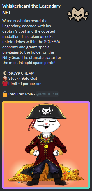 📢 All 12 Whiskerbeard the LEGENDARY 3D Avatars have been claimed with the $CREAM earned on countless raids, quests and work.

🎉Congrats to all of the <a href="/Nifty_Island/">Nifty Island 🏝</a> Legends that have sailed the seas with the <a href="/IslandRaid/">Island Raiders</a> crew over the last 7 months! 🏴‍☠️

🫡 I salute you Legends,