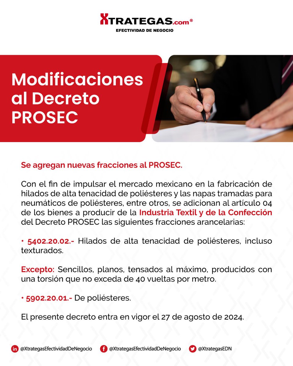 XtrategasEDN's tweet image. 🚨 Actualización importante: Se agregan nuevas fracciones al Decreto PROSEC para impulsar la Industria Textil y de la Confección en México. Estas modificaciones entrarán en vigor el 27 de agosto de 2024. Mantente al día con Xtrategas.

#PROSEC #ComercioExterior #Xtrategas