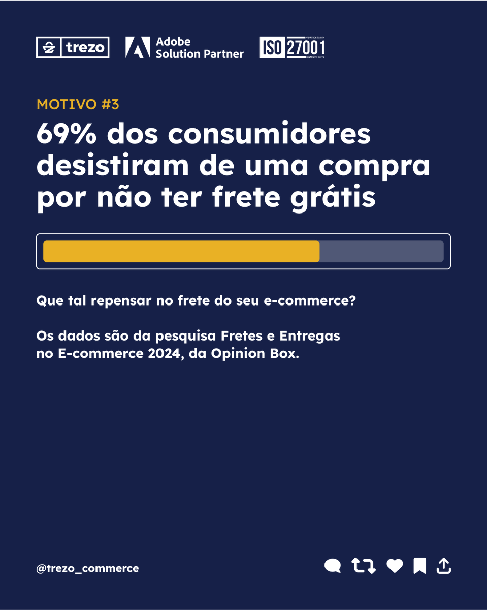 trezo_commerce's tweet photo. 3 motivos que fazem do frete um fator decisivo:

79% dos consumidores em o hábito de simular o valor da entrega no carrinho.

54% dos consumidores colocam mais produtos no carrinho para obter frete grátis.

69% dos consumidores desistiram de uma compra por não ter frete grátis. https://t.co/AaE7GBLyxH