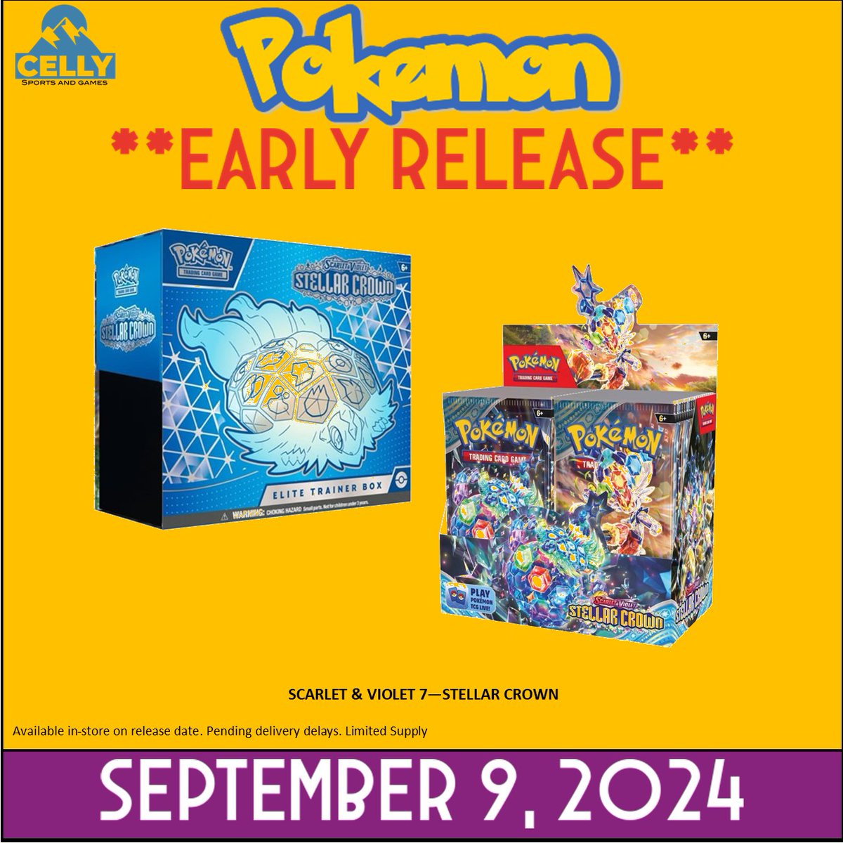 POKEMON **EARLY RELEASE** (MONDAY, SEPTEMBER 9 2024)
SV07 - STELLAR CROWN

Be the first to get your hands on the new Pokemon MAIN set, Stellar Crown!

Global Release: Friday September 13, 2024
**EARLY RELEASE** Monday September 9, 2024

cellysports.com/collections/po…