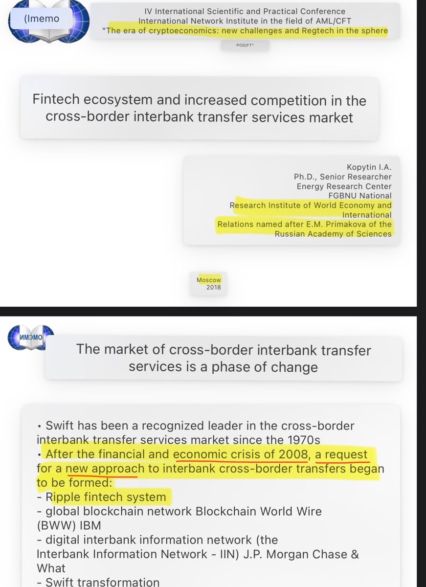 SMQKEDQG's tweet photo. “EXCLUSIVE: RIPPLE-RUSSIA PRESENTATION THAT’S BEEN COMPLETELY UNDER THE RADAR UNTIL NOW 💨

In 2018, a confidential presentation was delivered on the state of cryptocurrencies and cross-border services. 🧩

This took place at the Research Institute of World Economy and International Relations in Moscow, Russia.🙇‍♂️

The presentation highlighted that after the FINANCIAL COLLAPSE OF 2008, a critical REQUEST was made‼️

A request for a NEW APPROACH to interbank cross-border transfers. 

And the first proposal for this innovative solution: Ripple. 🎯

The significance of Ripple being mentioned in this context is profound. 🔑

It reveals that even in the early stages of the cryptocurrency revolution, Ripple was recognized at high levels for its potential to TRANSFORM the broken global financial system.

Ripple is the SOLUTION👇👇
