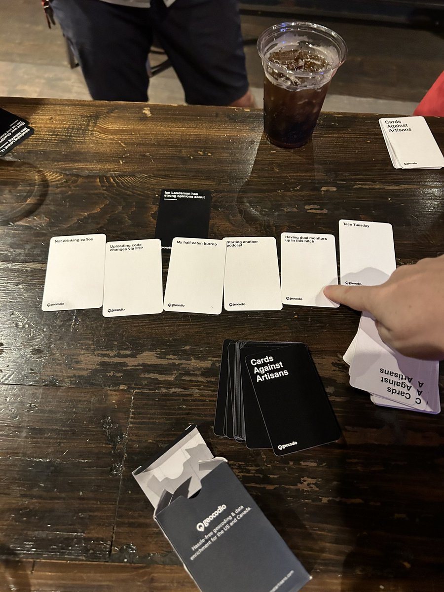 Playing Cards Against Artisans at <a href="/LaraconUS/">Laracon US</a>. @ianlandsman is here in spirit.