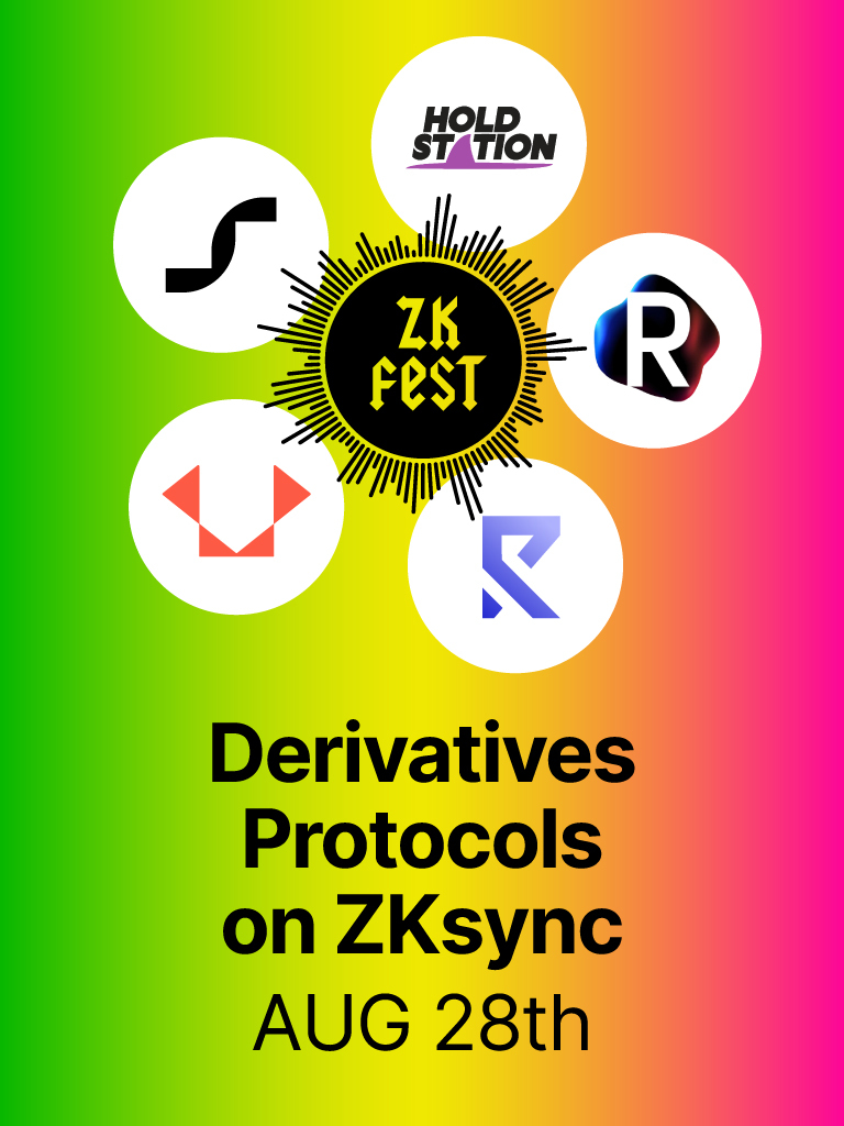 zksync's tweet image. Catch the final AMA for #ZKFest's DeFi Stage on Derivatives Protocols with @HoldstationW, @SatoriFinance, @VestExchange, @RFX_exchange, and @ReactorFusionR.
Tune in on August 28th at 16:00 UTC 👉 x.com/i/spaces/1dRJZ…