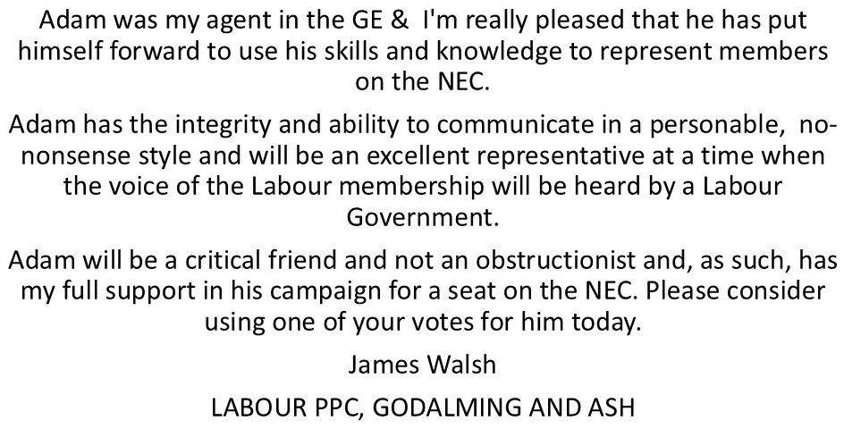 Adam Davies (@ad4nec24) on Twitter photo Thank you <a href="/JamesLWalsh/">James Walsh</a> for your endorsement of my NEC candidacy, and congratulations on your General Election Campaign! Thank you <a href="/JamesLWalsh/">James Walsh</a> for your endorsement of my NEC candidacy, and congratulations on your General Election Campaign!