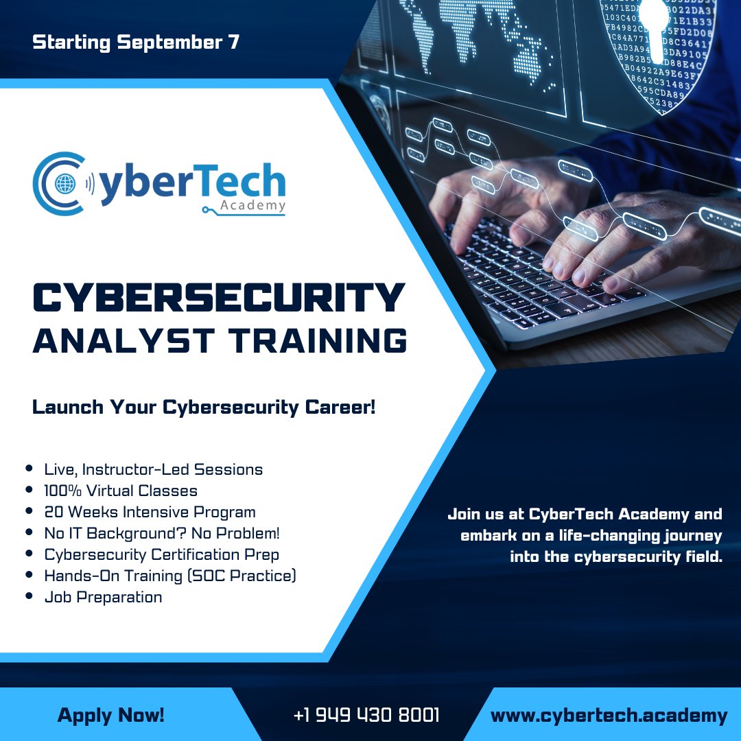 cybertechacad's tweet image. Join us to embark on a life-changing journey into the cybersecurity.

Starting September 7

✔ Live, Instructor-Led Sessions
✔ 100% Virtual Classes
✔ 20 Weeks Intensive Program
✔ No IT Background required
✔ Cybersecurity Certification
✔ Hands-On Training
✔ Job Preparation