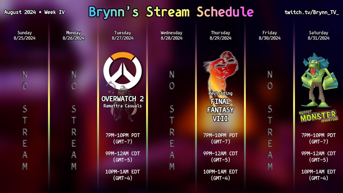 Brynn_TV's tweet photo. thank you all for your patience with this delayed schedule posting!
it's time for the final week of August streams!! 💖
also a more streamlined schedule layout!!! 💕 https://t.co/nX1iyTUWcr