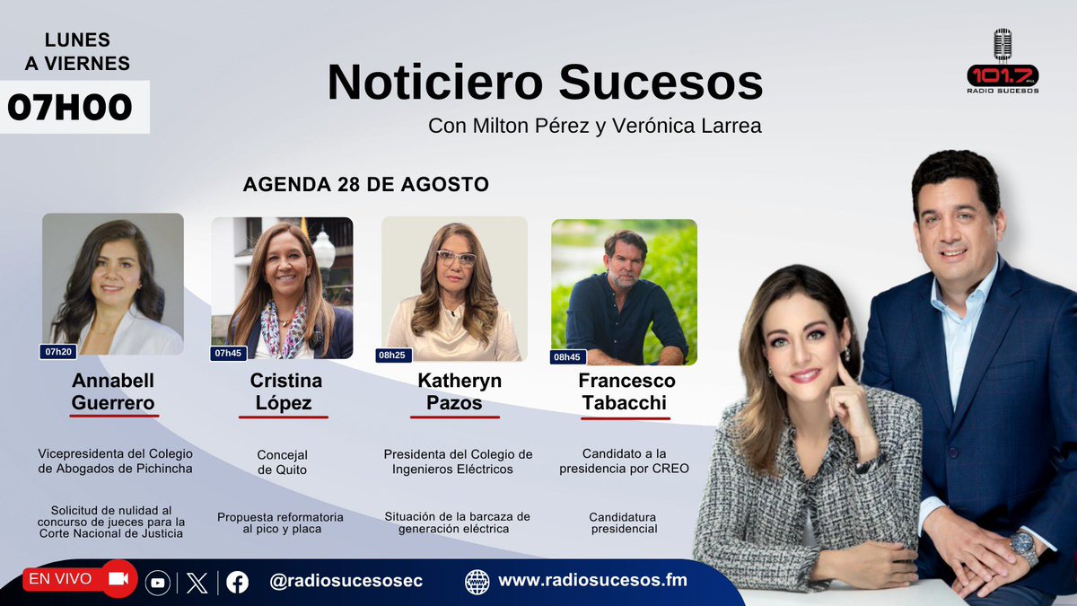 📆 Agenda | 28 de agosto

Desde las 07h00 en #NoticieroSucesos analizamos temas de interés:

1️⃣ Annabell Guerrero <a href="/NguyenGuerrero/">Annabell Guerrero Pita ⚖🏄🏽‍♀️🍉</a>
2️⃣ Cristina López <a href="/MCLopezS23/">Cristina López Concejal</a>
3️⃣ Katheryn Pazos <a href="/CRIEEL_GYE/">CRIEEL</a>
4️⃣ Francesco Tabacchi <a href="/ftabacchir/">Francesco Tabacchi</a> 

📻101.7FM