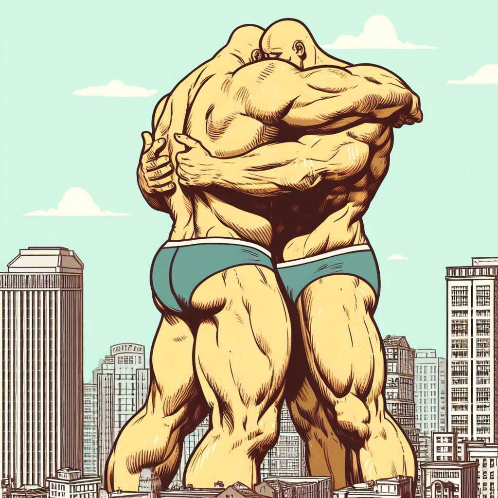 Musclegods cuddling becomes making out, which soon becomes pulling off their trunks and rampaging the city in a whirlwind of naked destructive sex and passion… And then back to cuddling on the cum-flooded ruins.

#muscleworship #gaymacrophilia #gaybodybuilder #SizeTwitter