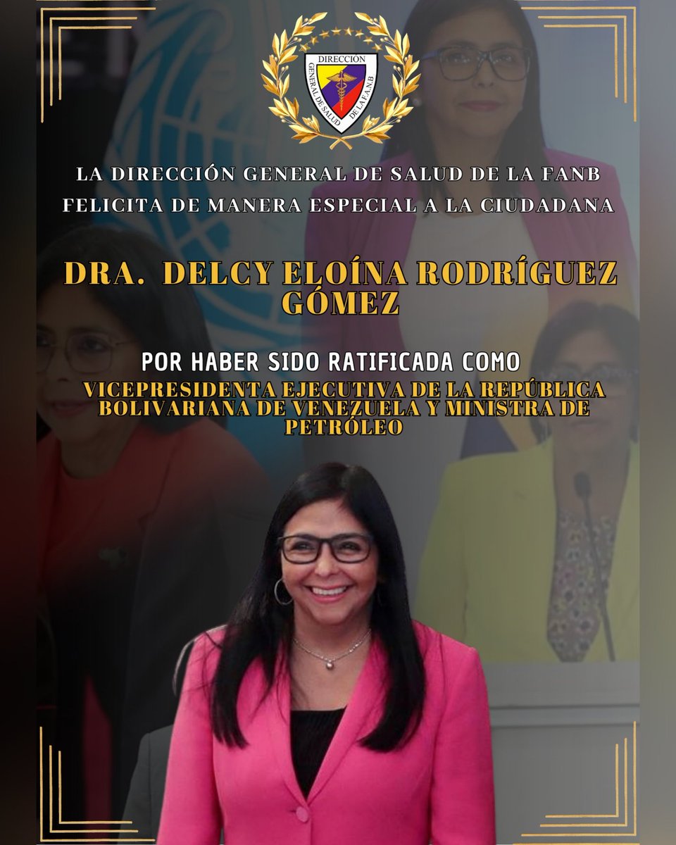 La <a href="/DigesaludFANB/">DIGESALUDFANB</a> felicita de manera especial a la Ciudadana Dra. <a href="/drodriven2/">Delcy Rodríguez</a>, por haber sido ratificada como Vicepresidenta Ejecutiva de la República Bolivariana de Venezuela  y Ministra de Petróleo.
¡Felicidades!.