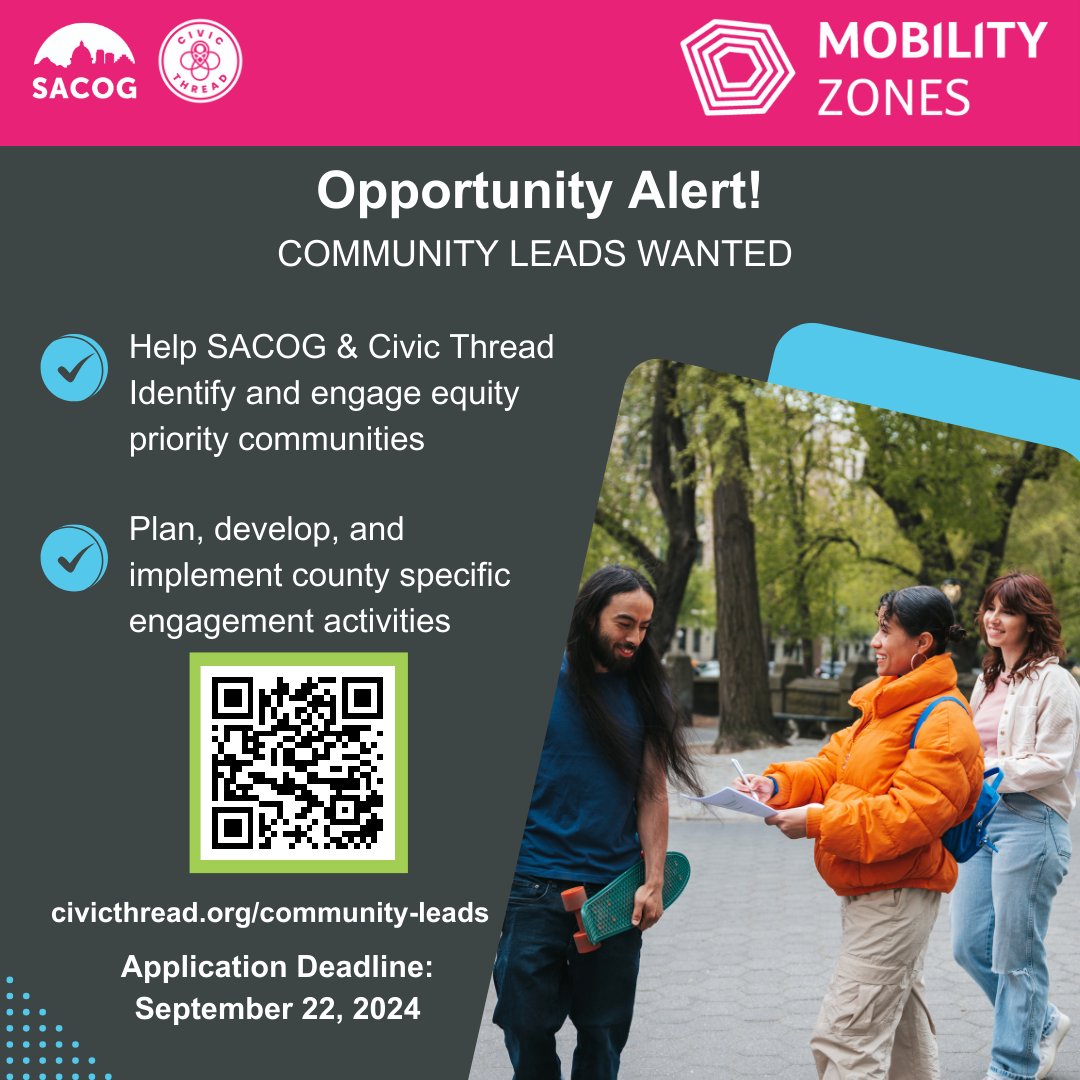 CivicThread's tweet image. Hiring Community Leads for engagement efforts for Mobility Zones Project!  Elevate community voices around transportation projects.  
Applications close at 11:59 pm on 9/22/2024  
To learn more and apply, civicthread.org/community-lead…   

#MobilityZonesProject #SACOG
