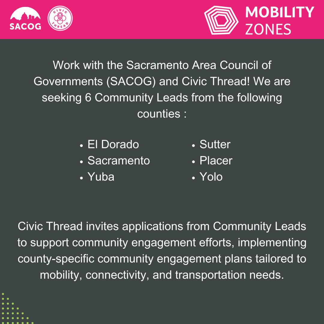 CivicThread's tweet image. Hiring Community Leads for engagement efforts for Mobility Zones Project!  Elevate community voices around transportation projects.  
Applications close at 11:59 pm on 9/22/2024  
To learn more and apply, civicthread.org/community-lead…   

#MobilityZonesProject #SACOG
