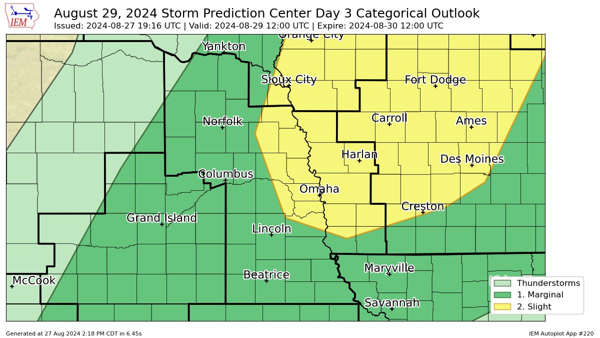 Thursday is being highlighted for a slight risk of severe weather. Omadome is included, but, recent model runs have been putting the greatest threats to the east into N/NW Iowa &amp; Southern MN. Still can't rule out isolated hail &amp; damaging wind gust. More to come tomorrow.