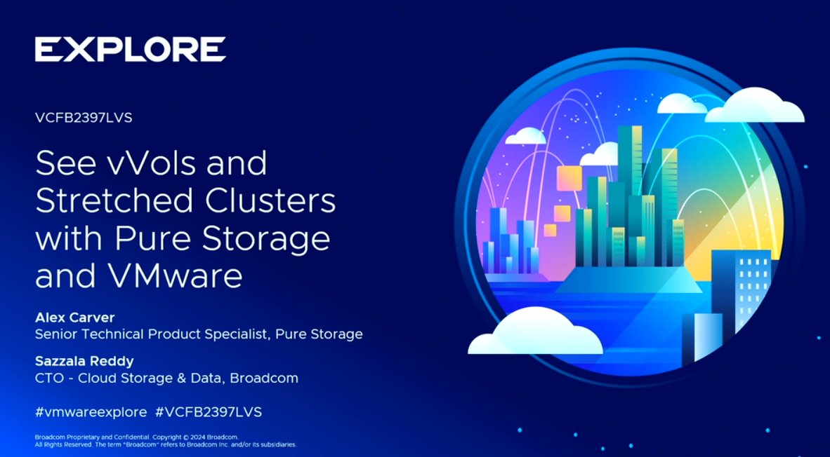 Jason Massae (@jbmassae) on Twitter photo If you're interested in #vVols Stretched Storage Cluster, here's the session <a href="/VMwareExplore/">VMware Explore</a>  from <a href="/PureStorage/">Pure Storage</a>  Storage with Alex Carver and Sazzala Reddy.
It's finally real! vmware.com/explore/video-… If you're interested in #vVols Stretched Storage Cluster, here's the session <a href="/VMwareExplore/">VMware Explore</a>  from <a href="/PureStorage/">Pure Storage</a>  Storage with Alex Carver and Sazzala Reddy.
It's finally real! vmware.com/explore/video-…