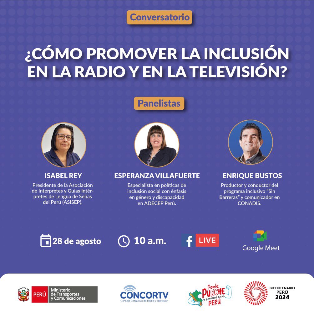 40karatslady's tweet photo. Agradecida a @concortv  por esta oportunidad. ➡️ *Conversatorio “¿CÓMO PROMOVER LA INCLUSIÓN EN LA RADIO Y LA TELEVISIÓN?”*⬅️ 
Te invitamos a este evento virtual para analizar por qué es importante una representación digna de las personas con discapacidad y su derecho a mantenerse informados en todo momento. Este contará con las reflexiones de expertos(as) en el tema:
▶️ *Isabel Rey* - intérprete de Lengua de Señas Peruana y presidente de la Asociación de Intérpretes y Guías Intérpretes de Lengua de Señas del Perú (ASISEP).
▶️ *Enrique Bustos* - conductor de “Sin Barreras” y comunicador en CONADIS. 
▶️ *Esperanza Villafuerte* - especialista en políticas de inclusión social con énfasis en género y discapacidad en ADECEP Perú

✅ Inscríbete aquí: https://t.co/TJlHlmF2W8, 27deagostode