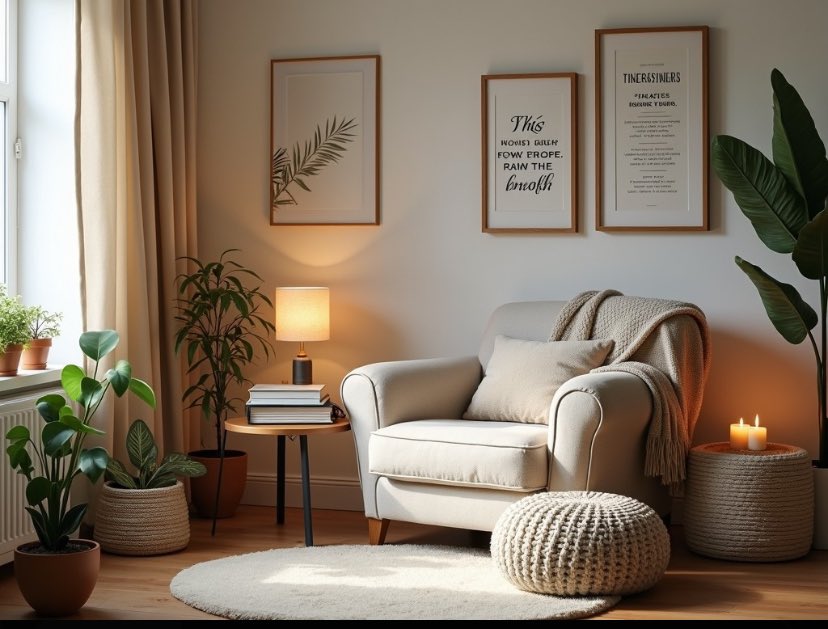 A daily design concept for a cozy reading nook: (oversized armchair with a plush throw:1.2), (stack of books on a side table:1.1), (soft reading lamp creating a warm glow:1.1), (knitted pouf for resting tired feet:1.1), (gallery wall of literary quotes:1.1), (fragrant candles for