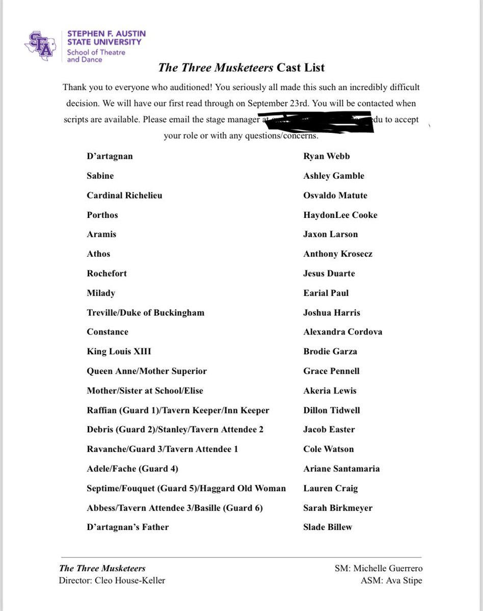 Congratulations to the cast of The Three Musketeers. A play by <a href="/ken_ludwig/">Ken Ludwig</a>  Our show runs Nov 14-17. Call the box office for more information.