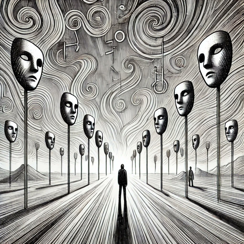 Top_ReferralP's tweet photo. The Faceless Path on @vitruveochain @VTRUSuite This piece captures a lone figure on an endless road, flanked by towering, faceless masks. The eerie, otherworldly landscape reflects the search for meaning in a vast mysterious world. #Art check it out here: https://t.co/QBIbJLHOh3 https://t.co/bP2ADIBlvf