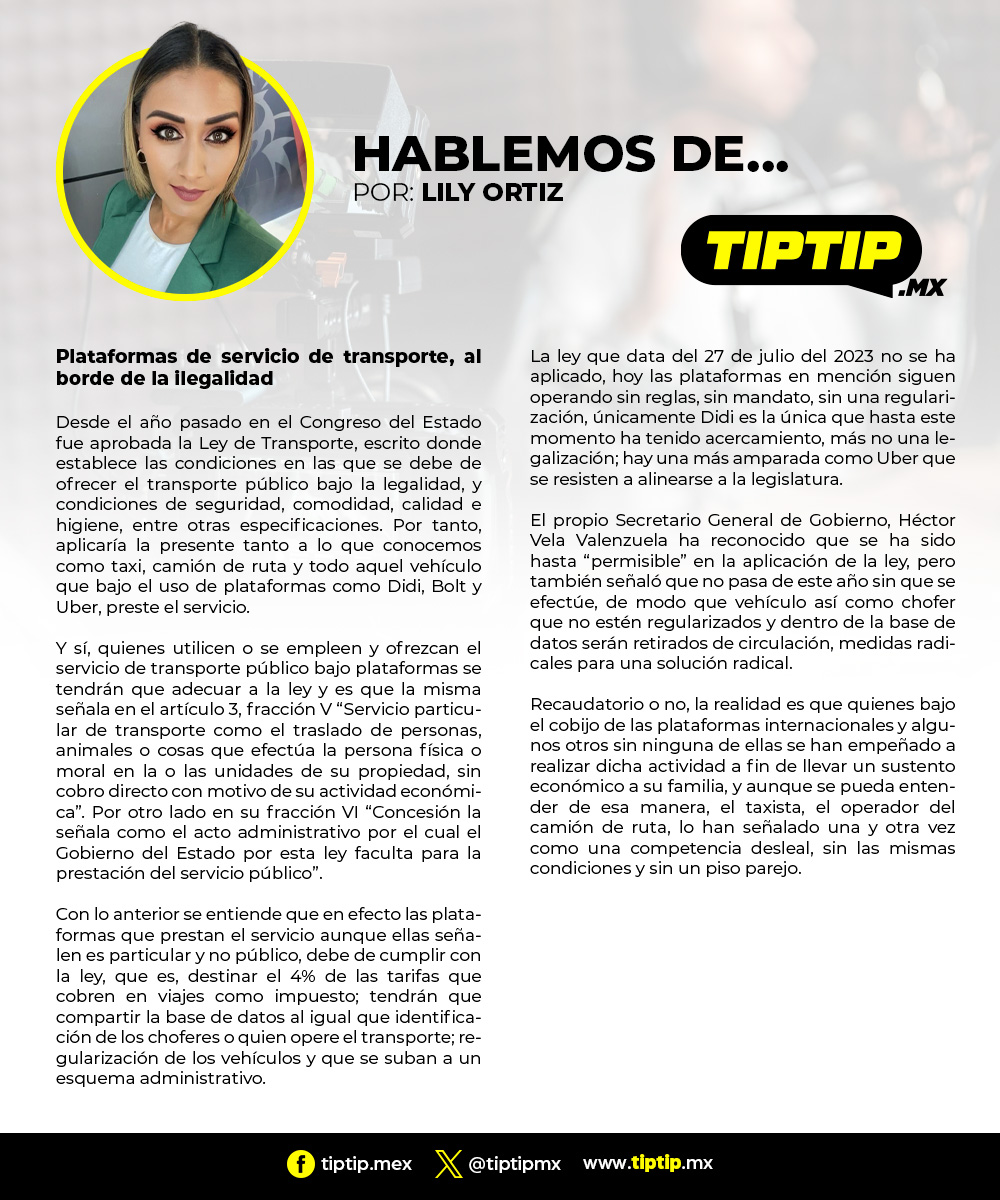 tiptipmx's tweet photo. HABLEMOS DEโฆ
Por: @LilyOrtiz26
Plataformas de servicio de transporte, al borde de la ilegalidad
https://t.co/TSz6gl9YZ1 https://t.co/wLwqNwlyOz