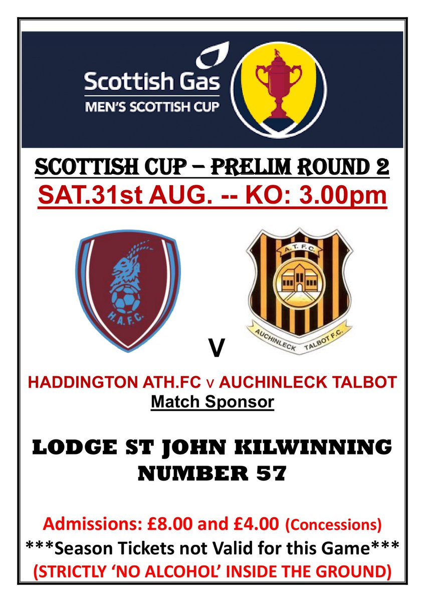 Haddington Athletic (@haddath) on Twitter photo SATURDAY’S MATCH
Preparations are underway for our huge cup tie against <a href="/atfc1909/">Auchinleck Talbot</a>. After falling at the first Scottish Cup hurdle in the past two years, we’ll be determined to give it a good go and hopefully progress. But we face a tough test against a top West of Scotland side. SATURDAY’S MATCH
Preparations are underway for our huge cup tie against <a href="/atfc1909/">Auchinleck Talbot</a>. After falling at the first Scottish Cup hurdle in the past two years, we’ll be determined to give it a good go and hopefully progress. But we face a tough test against a top West of Scotland side.
