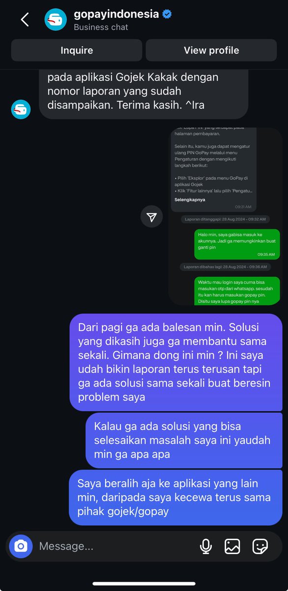ffffznn's tweet photo. Sampe saya laporan ke instagram resminya pun jawabannya sama aja. Template banget anjir. KECEWA BANGET SAMA GOJEK GABISA KASIH SOLUSI🤡🤡🤡 https://t.co/PAVIxpkBSm