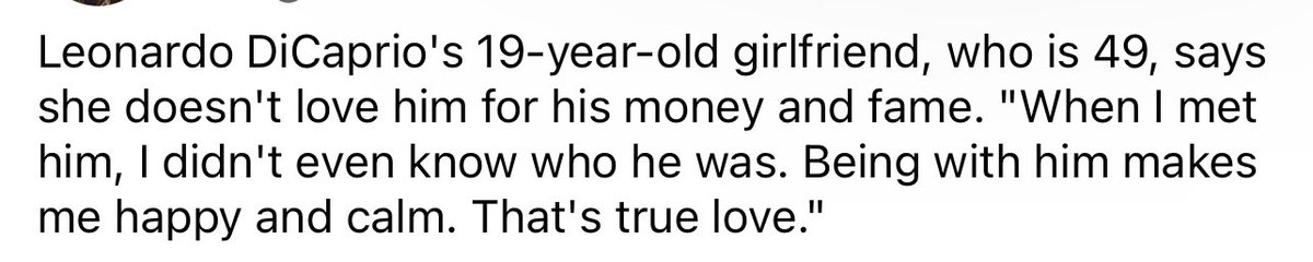 JulieAbridged's tweet photo. Leonardo DiCaprio’s 19-year-old girlfriend, who is 49, https://t.co/4GcxkX3sVi