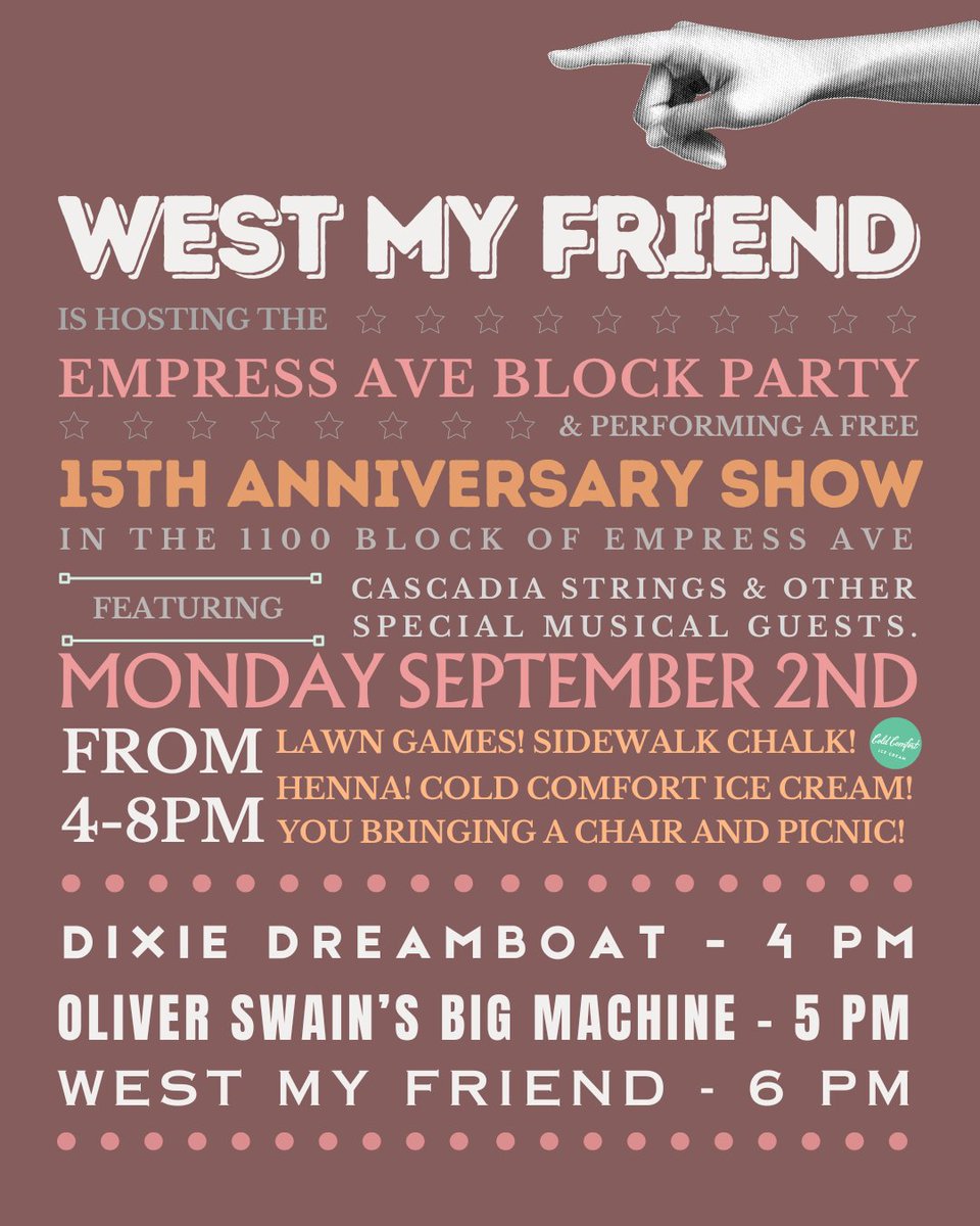 West My Friend (@westmyfriend) on Twitter photo Victoria! Have you heard about our 15th birthday? It’s on Sept 2 & it’s a block party on Empress & we’ll have the street closed & it’s free & Dixie Dreamboat & Oliver Swain’s Big Machine & Cascadia Strings & some <a href="/MissColdComfort/">Cold Comfort</a> & more fun things & you should so. totally. come. Victoria! Have you heard about our 15th birthday? It’s on Sept 2 & it’s a block party on Empress & we’ll have the street closed & it’s free & Dixie Dreamboat & Oliver Swain’s Big Machine & Cascadia Strings & some <a href="/MissColdComfort/">Cold Comfort</a> & more fun things & you should so. totally. come.