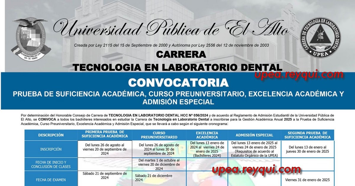 UpeaBolivia's tweet photo. Tecnología en Laboratorio Dental UPEA 2025: Convocatoria a la Prueba de Suficiencia Académica, Curso Preuniversitario, Excelencia Académica y Admisión Especial https://t.co/n100L88MDe https://t.co/zIrCPmKEWt