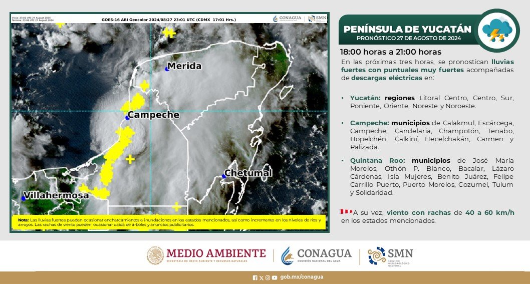 #Lluvias fuertes a muy fuertes, #DescargasEléctricas y #Rachas de #Viento de 40 a 60 km/h, se pronostican para las entidades de la #PenínsulaDeYucatán, durante las próximas 3 horas  ⬇️