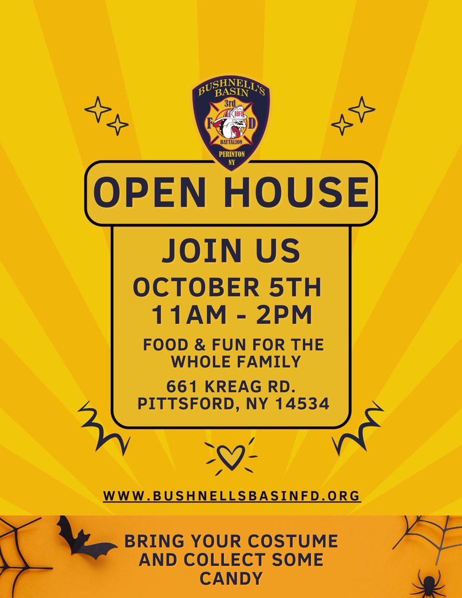 BushnellBasinFD's tweet image. BBFD Open House October 5th 11:00 AM - 2:00 PM. Bring the family for a day of fun. There will be fire prevention info, demonstrations, a bounce house games, music and food for purchase. Kids are encouraged to wear their costumes and enjoy trick-or-treating around the firehouse!