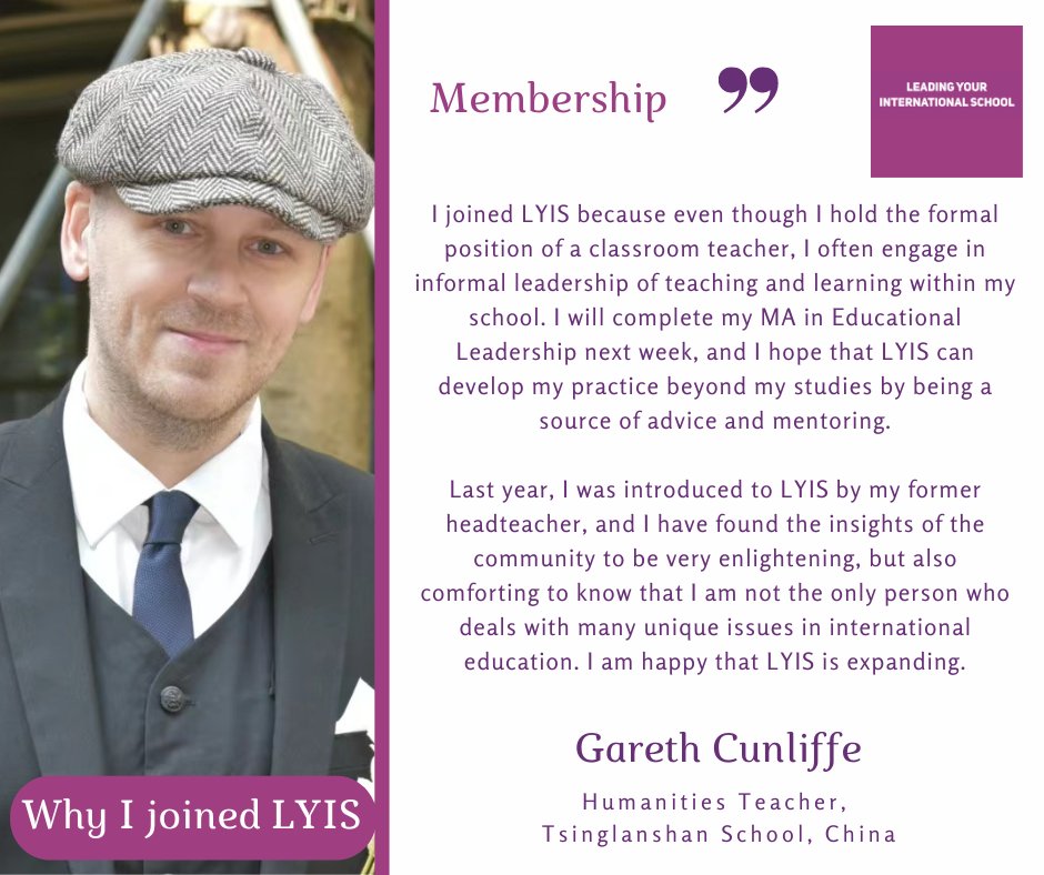 Welcome to Leading Your International School, Gareth Cunliffe!

At LYIS, we value: Ethical Leadership, Opportunity and Sustainability.

To join Gareth, click here: docs.google.com/forms/d/e/1FAI…

#lyis #leadership #internationalschools