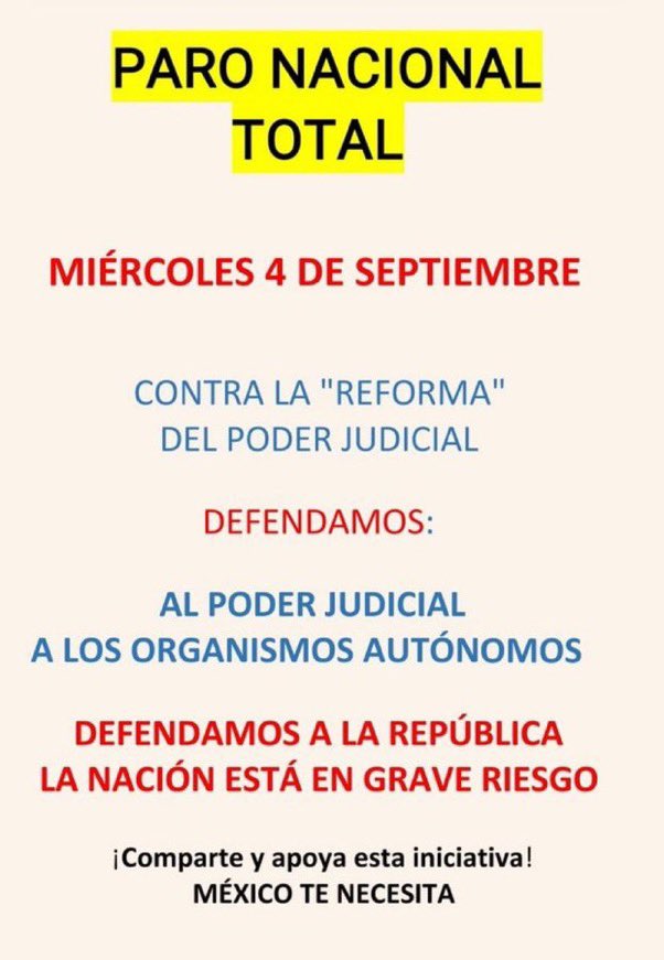 Lizgottik's tweet photo. Atento llamado para los mexicanos que amamos nuestro país…

#ParoNacionalTotal 
 #NoALaReformaAlPoderJudicial https://t.co/Jes6NnYXbF