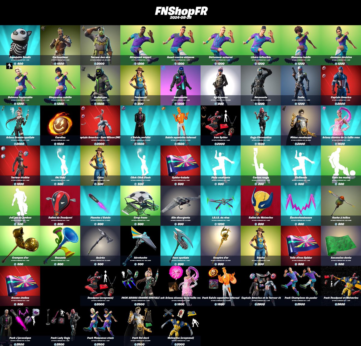 FNShopFR's tweet image. Boutique #Fortnite du 2024-08-28 !

N'oubliez pas d'activer les notifs pour ne rater aucune boutique. 🔔

Nombres d'items : 70
Maximum vu pour la dernière fois : 1814 jours
Minimum vu pour la dernière fois : 1 jours