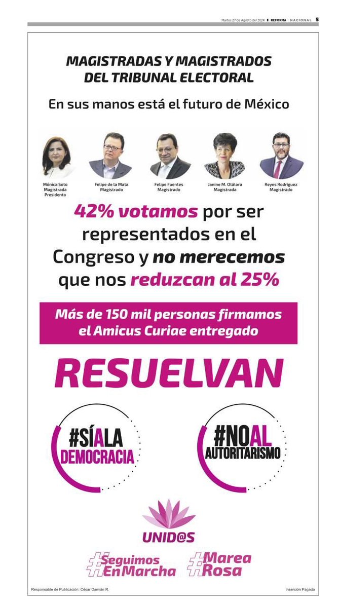 unemexico_'s tweet photo. Estimad@s magistrad@s tienen en sus manos la gran oportunidad de que la ciudadanía cuente con un Congreso plural, inclusivo y con contrapesos. #NoALaSobrerrepresentación 
#SíALaDemocracia 

@TEPJF_informa @fdelamatap @FFuentesBarrera @JanineOtalora  @ReyesRdzM Mónica Soto https://t.co/tqGZz4713l