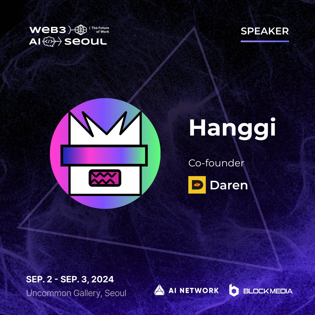 🎙️ Speaker Announcement 🚀

We’re excited to have Hanggi <a href="/HanggiCrown/">Hanggi | Daren Market</a>, Co-founder of <a href="/Daren_Market/">DAREN | On-chain Talent Market</a>, join us at #Web3AISeoul! 🌐

#Daren is pioneering the first AI-driven on-chain talent market, connecting top talent through blockchain. 

Want to catch these insights firsthand?