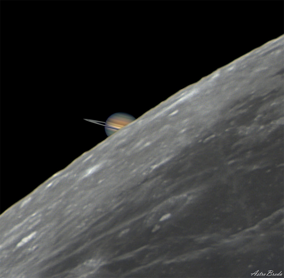 apod's tweet photo. What if Saturn disappeared? Sometimes, it does. It doesn't really go away, though, it just disappears from view when our Moon moves in front. Such a Saturnian eclipse, more formally called an occultation, was visible along a long swath of Earth -- from Peru, across the Atlantic Ocean, to Italy -- only a few days ago. The featured color image is a digital fusion of the clearest images captured during the event and rebalanced for color and relative brightness between the relatively dim Saturn and the comparatively bright Moon. Saturn and the comparative bright Moon. The exposures were all taken from Breda, Catalonia, Spain, just before occultation. Eclipses of Saturn by our Moon will occur each month for the rest of this year. Each time, though, the fleeting event will be visible only to those with clear skies -- and the right location on Earth.

Image Credit & Copyright: Pau Montplet Sanz