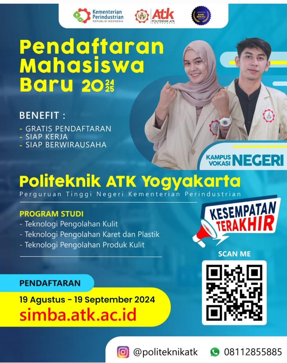 KESEMPATAN TERAKHIR!
Penerimaan Mahasiswa Baru Politeknik ATK Yogyakarta masih dibuka! 
✅Gtatis Biaya Pendaftaran
✅Siap Kerja &amp; Berwirausaha
Jangan lewatkan kesempatan untuk menjadi bagian dari kampus yang siap membekali kamu dengan keterampilan terbaik.