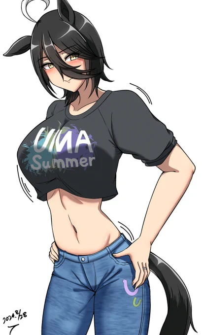 【嫁カフェ】 UMA Summer…良いですね…特に衣装… キュッとしたジーンズが思った以上に…ええぞ… #マンハッタンカフェ #ウマ娘