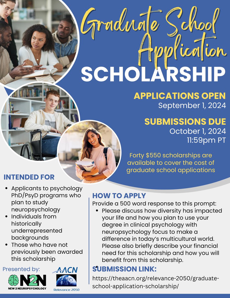 💸 Submissions for the Graduate School Application Scholarship are now OPEN! 🌟

💰 Forty $550 scholarships are available to cover the cost of graduate school applications 📝🧑‍💻

See below picture for more info on applying!👀⬇️ 

📥 Submit here by Oct. 1 ➡️ tinyurl.com/N2N-GSA24