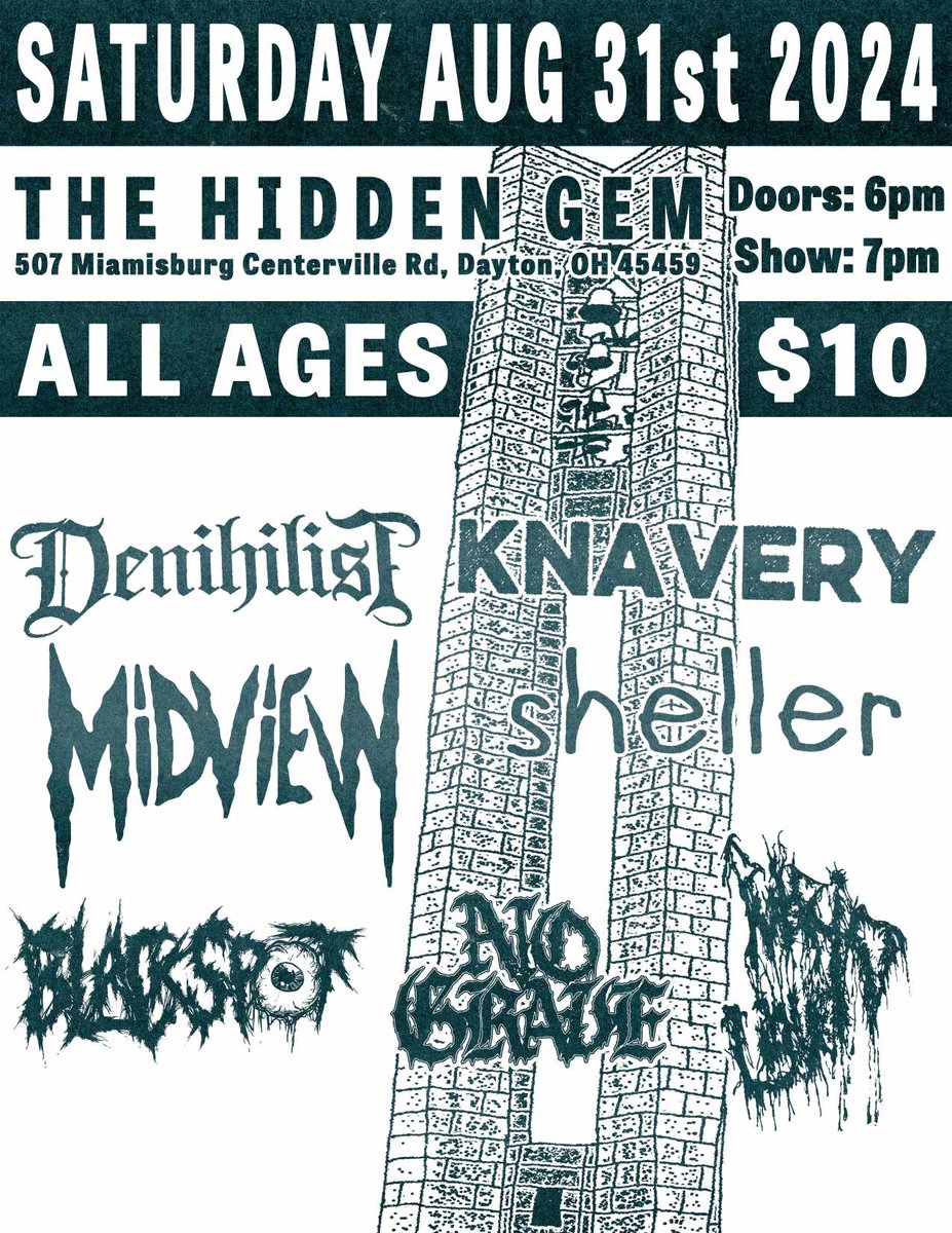 Absolute banger of a all ages/mixed genre show this weekend at The Hidden Gem in Miamisburg, OH. We're opening the party at 7pm. Let's get it!!!