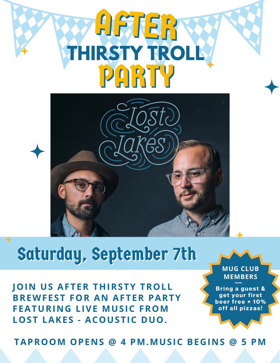 GrumpyTrollBrew's tweet image. Join us Saturday, September 7th after Thirsty Troll BrewFest for an after party featuring live music from Lost Lakes - acoustic duo.
