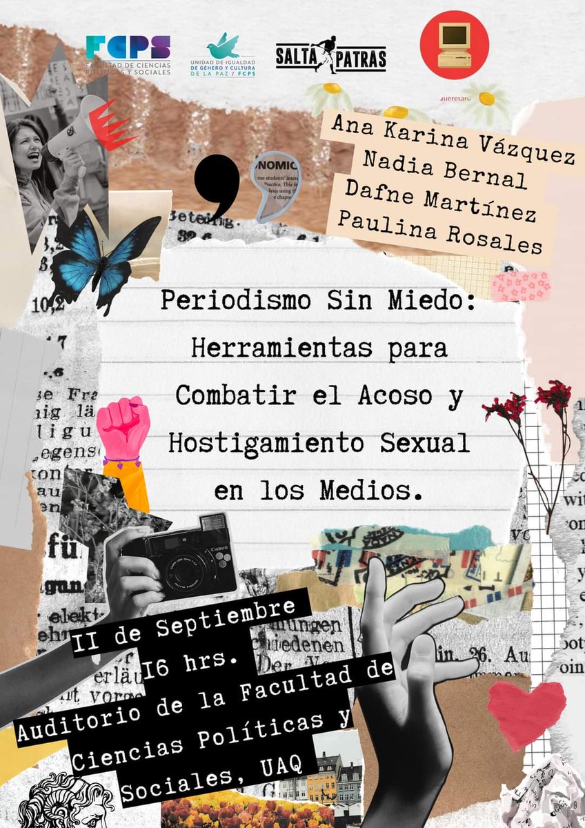 📢 ¡Compañerxs!

No se pueden perder el conversatorio "Periodismo Sin Miedo: Herramientas para Combatir el Acoso y Hostigamiento Sexual en los Medios" en el que participarán cuatro de nuestras queridas colegas periodistas 📰✨

📅 11 de septiembre
🕛 4 PM
📍  Auditorio FCPYS, UAQ