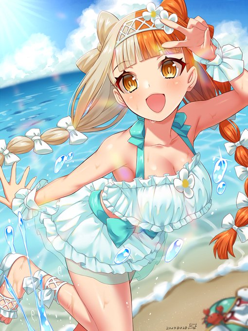 #今月描いた絵を晒す #NSFW 
水着阿国さん(表情違い)、水着C.I.E.L先輩(眼鏡OFF) 